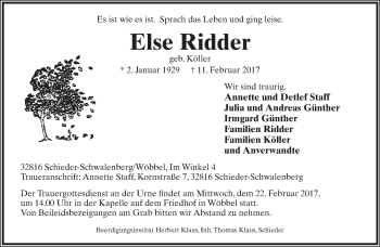 Anzeige  Else Ridder  Lippische Landes-Zeitung