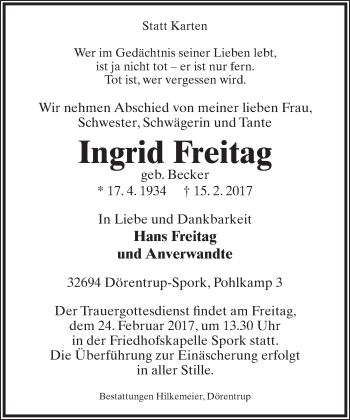Anzeige  Ingrid Freitag  Lippische Landes-Zeitung