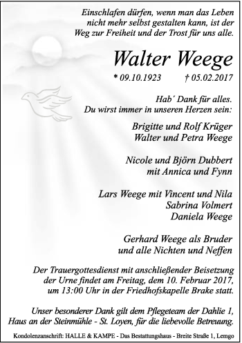 Anzeige  Walter Weege  Lippische Landes-Zeitung
