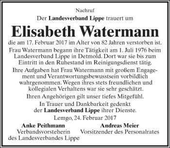 Anzeige  Elisabeth Watermann  Lippische Landes-Zeitung