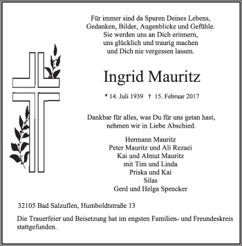 Anzeige  Ingrid Mauritz  Lippische Landes-Zeitung