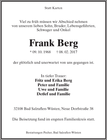 Anzeige  Frank Berg  Lippische Landes-Zeitung