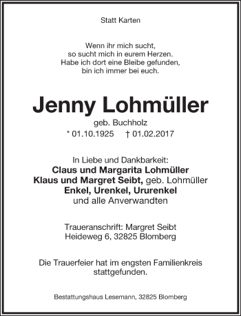 Anzeige  Jenny Lohmüller  Lippische Landes-Zeitung