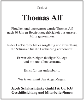Anzeige  Thomas Alf  Lippische Landes-Zeitung