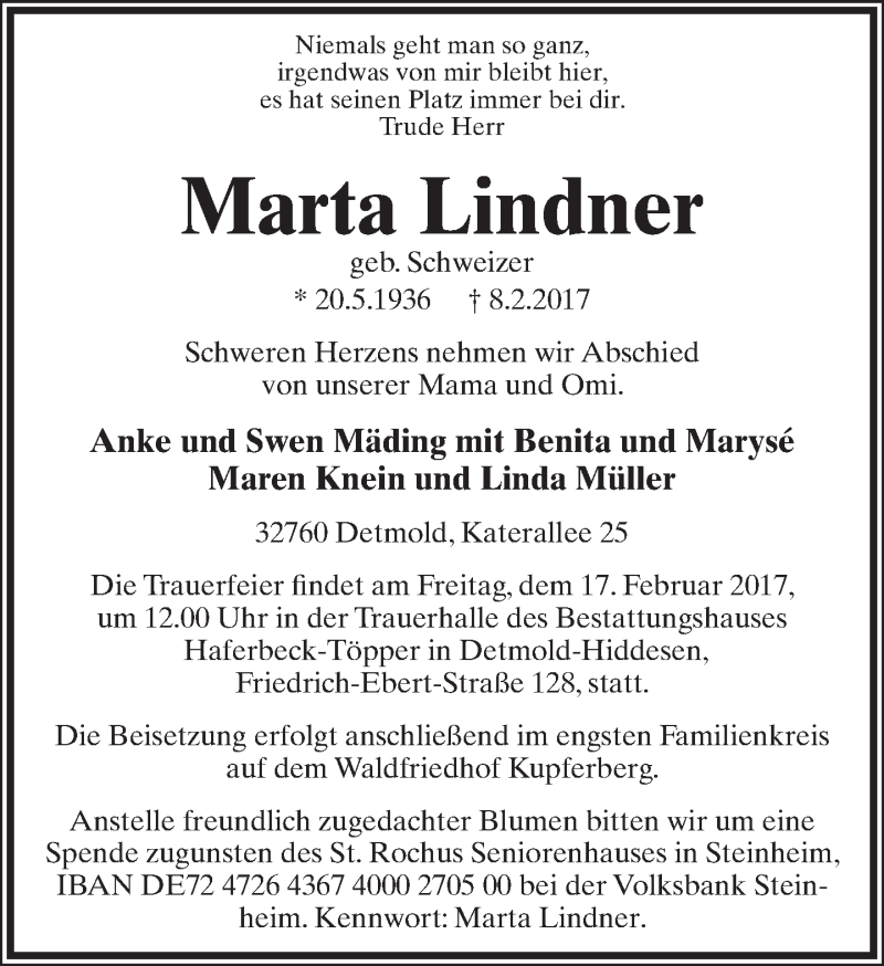  Traueranzeige für Marta Lindner vom 11.02.2017 aus Lippische Landes-Zeitung
