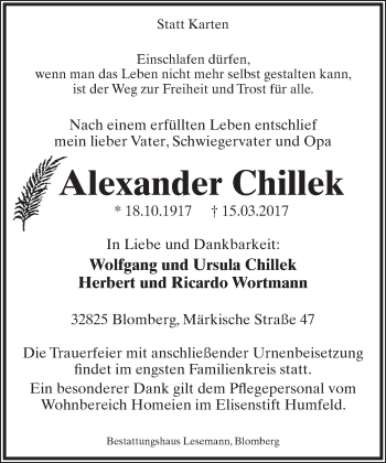 Anzeige  Alexander Chillek  Lippische Landes-Zeitung