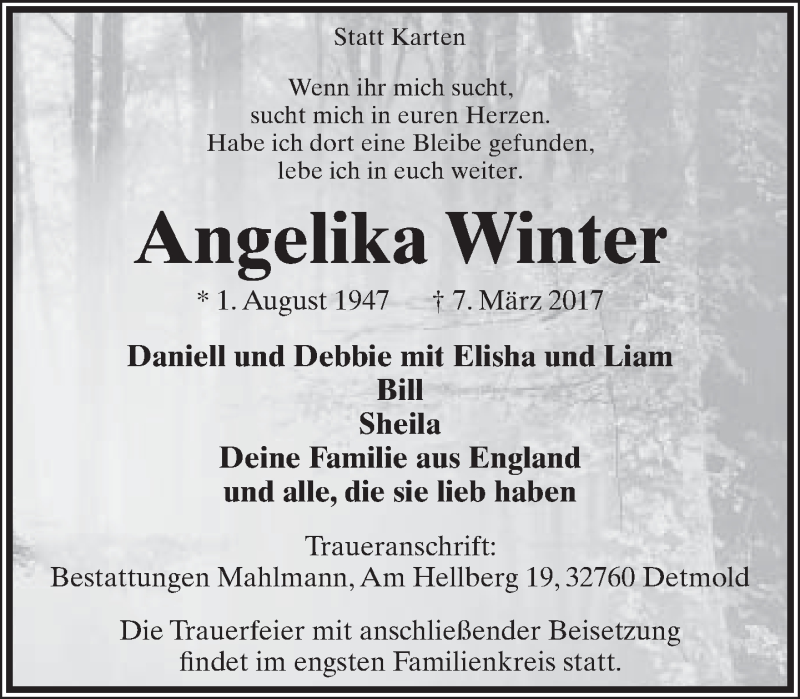  Traueranzeige für Angelika Winter vom 18.03.2017 aus Lippische Landes-Zeitung