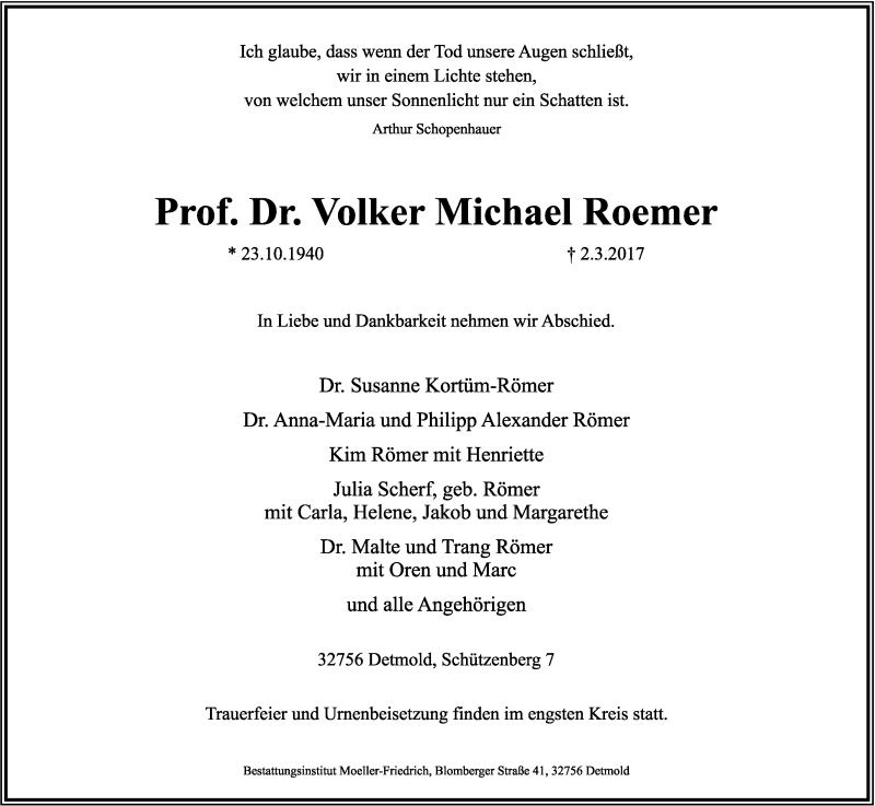  Traueranzeige für Volker Michael Roemer vom 08.03.2017 aus Lippische Landes-Zeitung