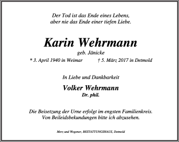 Anzeige  Karin Wehrmann  Lippische Landes-Zeitung