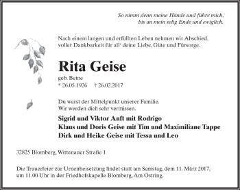 Anzeige  Rita Geise  Lippische Landes-Zeitung