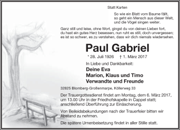 Anzeige  Paul Gabriel  Lippische Landes-Zeitung
