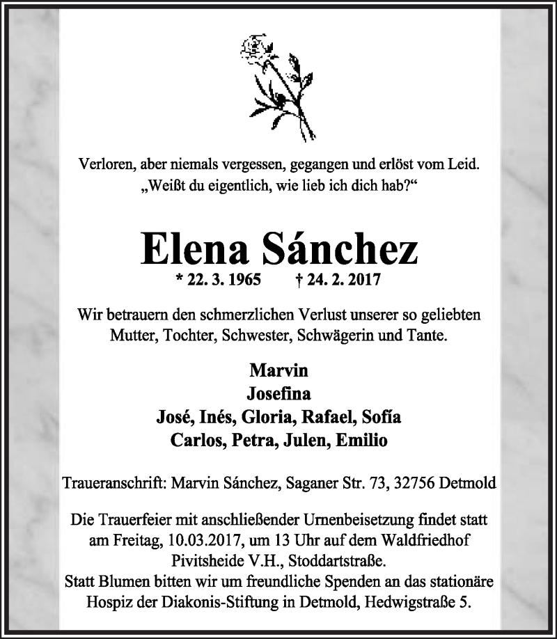  Traueranzeige für Elena Sanchez vom 01.03.2017 aus Lippische Landes-Zeitung