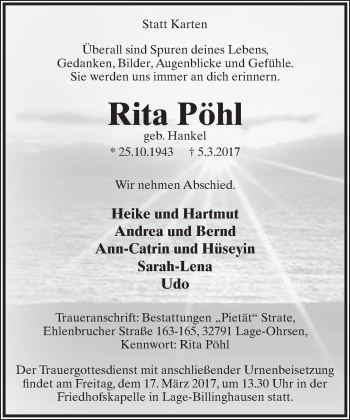 Anzeige  Rita Pöhl  Lippische Landes-Zeitung