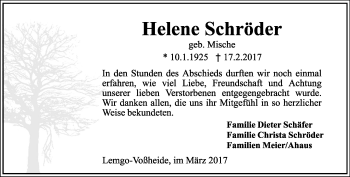 Anzeige  Helene Schröder  Lippische Landes-Zeitung