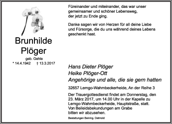 Anzeige  Brunhilde Plöger  Lippische Landes-Zeitung