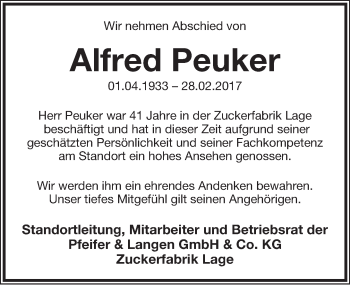 Anzeige  Alfred Peuker  Lippische Landes-Zeitung