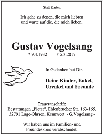 Anzeige  Gustav Vogelsang  Lippische Landes-Zeitung