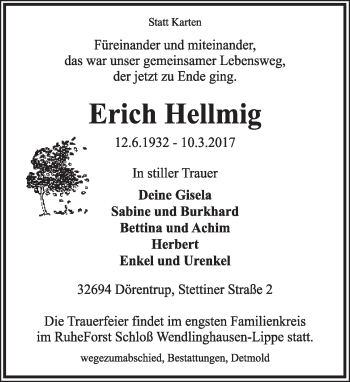 Anzeige  Erich Hellmig  Lippische Landes-Zeitung