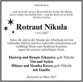 Anzeige  Rotraut Nikula  Lippische Landes-Zeitung
