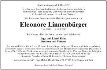 Anzeige  Eleonore Linnenbürger  Lippische Landes-Zeitung