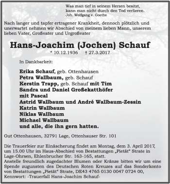 Anzeige  Hans-Joachim Schauf  Lippische Landes-Zeitung
