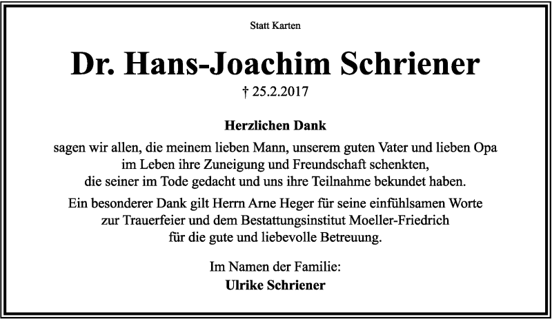  Traueranzeige für Hans-Joachim Schriener vom 18.03.2017 aus Lippische Landes-Zeitung