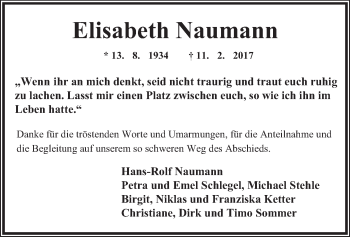 Anzeige  Elisabeth Naumann  Lippische Landes-Zeitung
