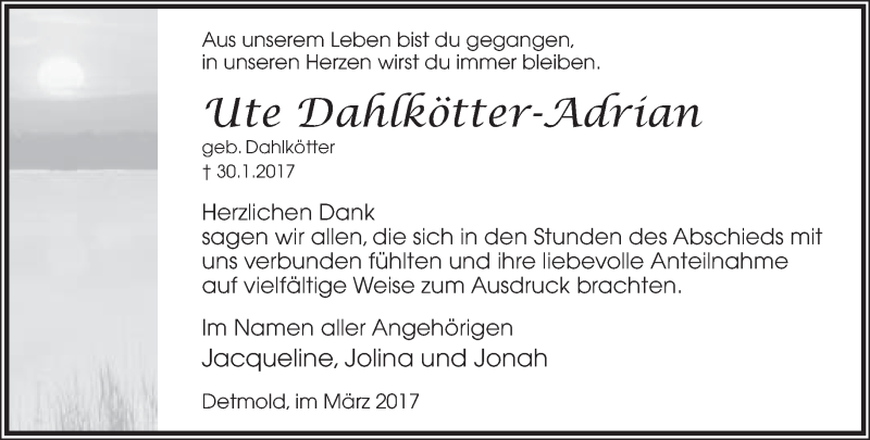  Traueranzeige für Ute Dahlkötter-Adrian vom 11.03.2017 aus Lippische Landes-Zeitung