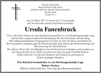 Anzeige  Ursula Fanenbruck  Lippische Landes-Zeitung