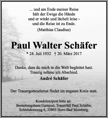 Anzeige  Paul Walter Schäfer  Lippische Landes-Zeitung