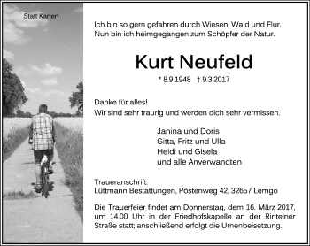 Anzeige  Kurt Neufeld  Lippische Landes-Zeitung