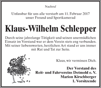 Anzeige  Klaus-Wilhelm Schlepper  Lippische Landes-Zeitung