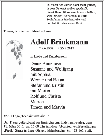 Anzeige  Adolf Brinkmann  Lippische Landes-Zeitung