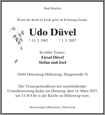 Anzeige  Udo Düvel  Lippische Landes-Zeitung