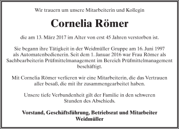Anzeige  Cornelia Römer  Lippische Landes-Zeitung