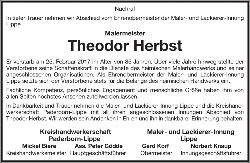  Traueranzeige für Theodor Herbst vom 08.03.2017 aus Lippische Landes-Zeitung