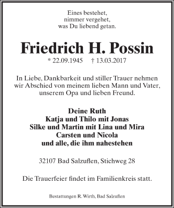 Anzeige  Friedrich H. Possin  Lippische Landes-Zeitung