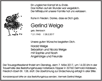 Anzeige  Gerlind Welge  Lippische Landes-Zeitung
