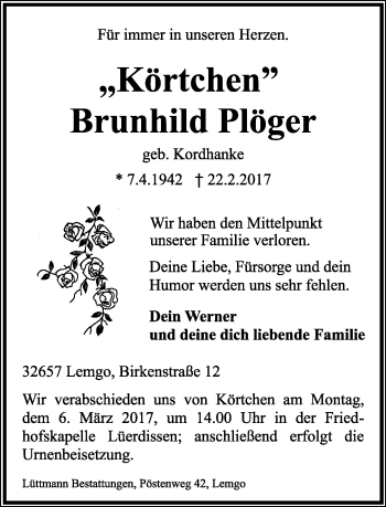 Anzeige  Brunhild Plöger  Lippische Landes-Zeitung