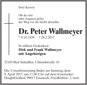 Anzeige  Peter Wallmeyer  Lippische Landes-Zeitung