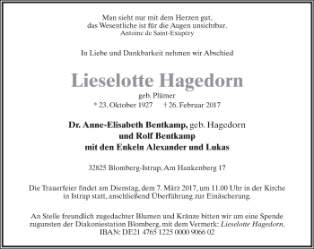Anzeige  Lieselotte Hagedorn  Lippische Landes-Zeitung