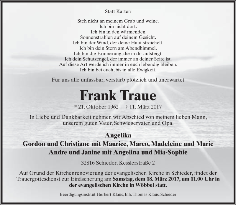  Traueranzeige für Frank Traue vom 15.03.2017 aus Lippische Landes-Zeitung