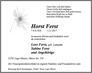Anzeige  Horst Ferst  Lippische Landes-Zeitung
