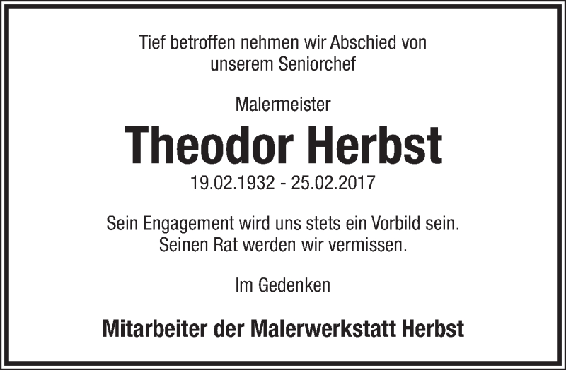  Traueranzeige für Theodor Herbst vom 04.03.2017 aus Lippische Landes-Zeitung