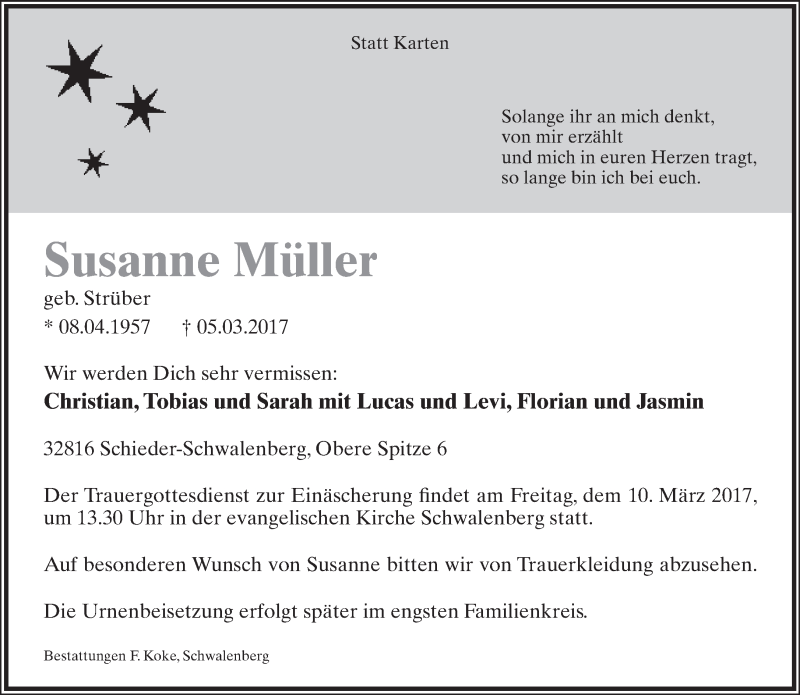  Traueranzeige für Susanne Müller vom 08.03.2017 aus Lippische Landes-Zeitung