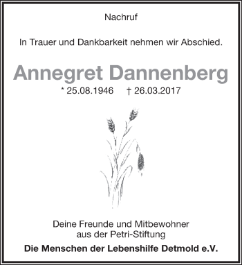 Anzeige  Annegret Dannenberg  Lippische Landes-Zeitung