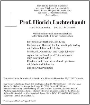 Anzeige  Hinrich Luchterhandt  Lippische Landes-Zeitung