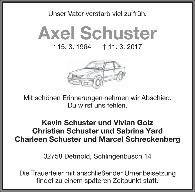  Traueranzeige für Axel Schuster vom 18.03.2017 aus Lippische Landes-Zeitung