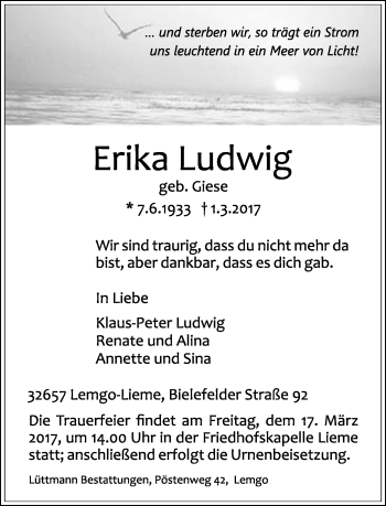 Anzeige  Erika Ludwig  Lippische Landes-Zeitung