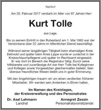 Anzeige  Kurt Tolle  Lippische Landes-Zeitung